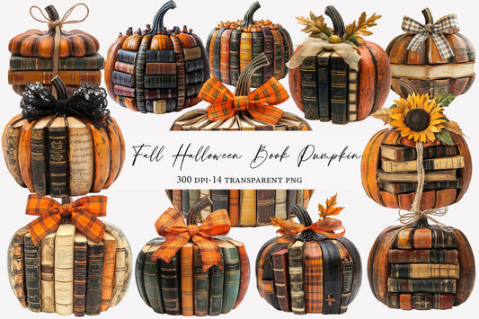 Fall Halloween Book Pumpkin PNG Bundle | Book Lover Pumpkin Clipart, Autumn Books PNG,