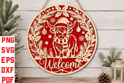 Christmas Highland Cow Welcome Laser Cut SVG