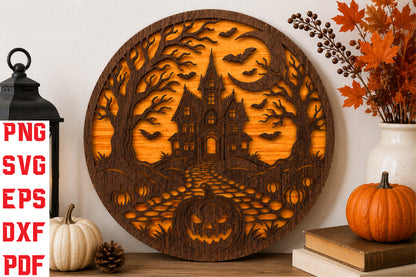 Halloween Haunted House Round Sign SVG