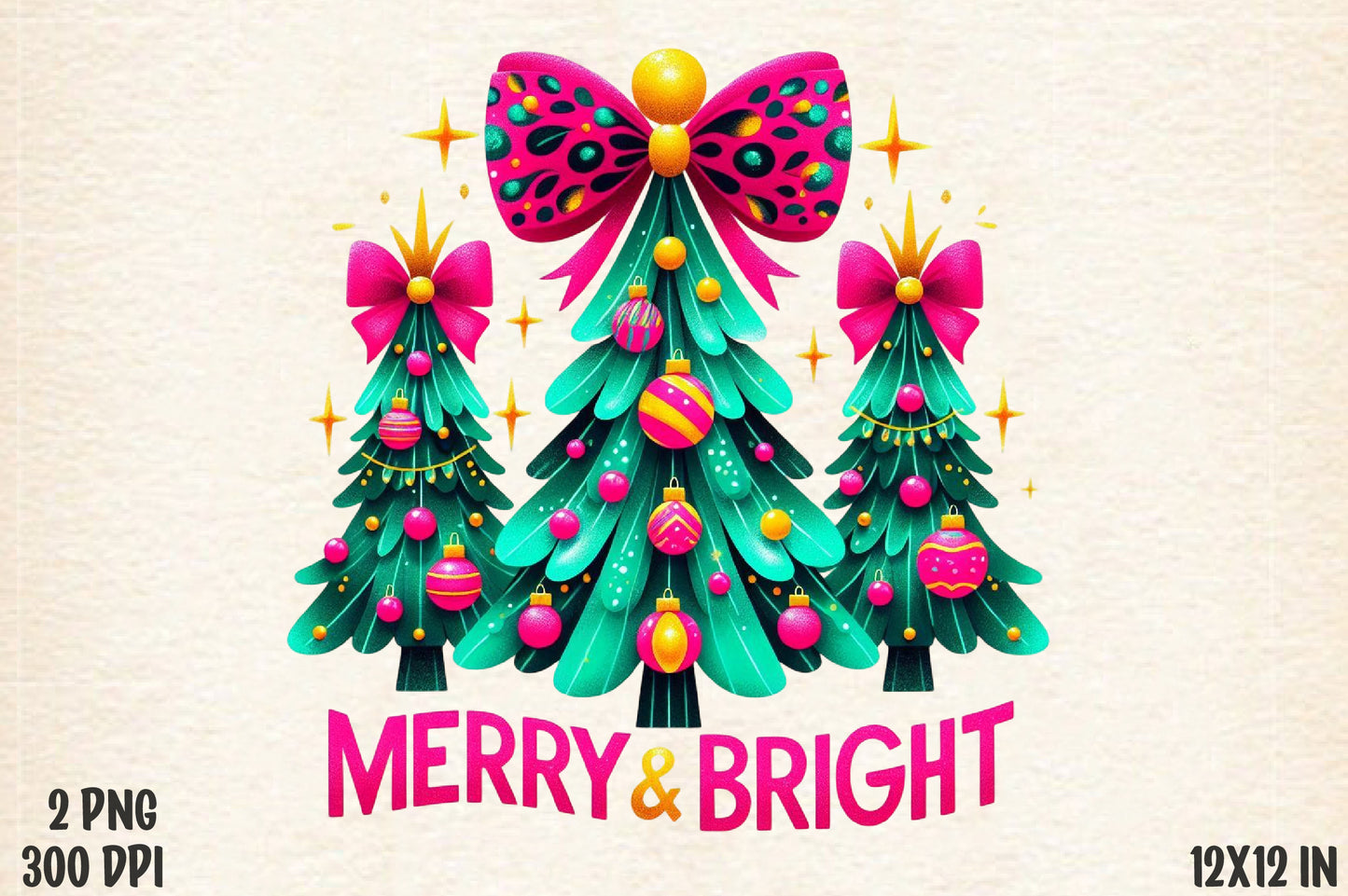 Merry & Bright Christmas Tree PNG Colorful Holiday Sublimation