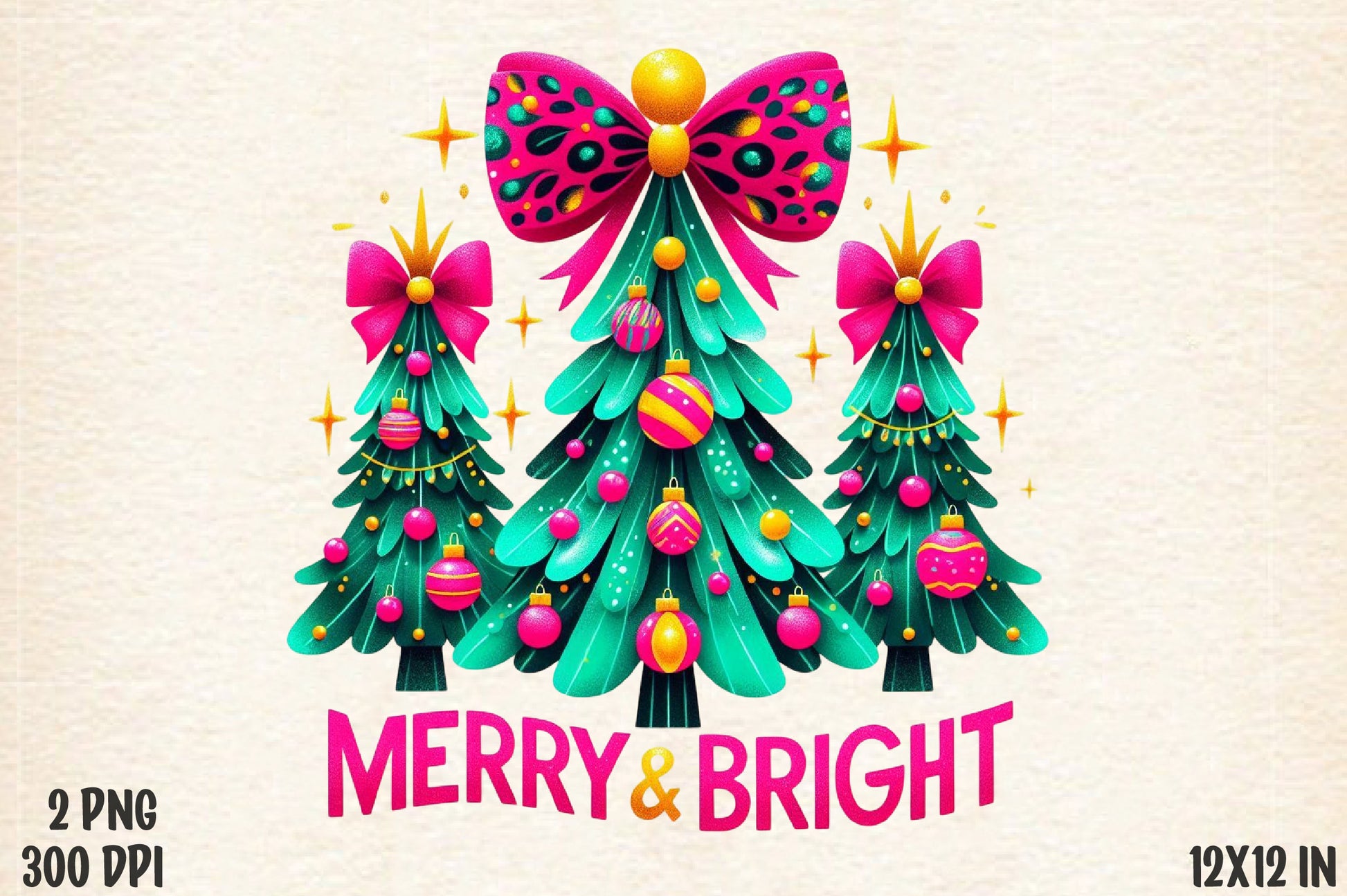 Merry & Bright Christmas Tree PNG Colorful Holiday Sublimation
