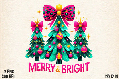 Merry & Bright Christmas Tree PNG Colorful Holiday Sublimation