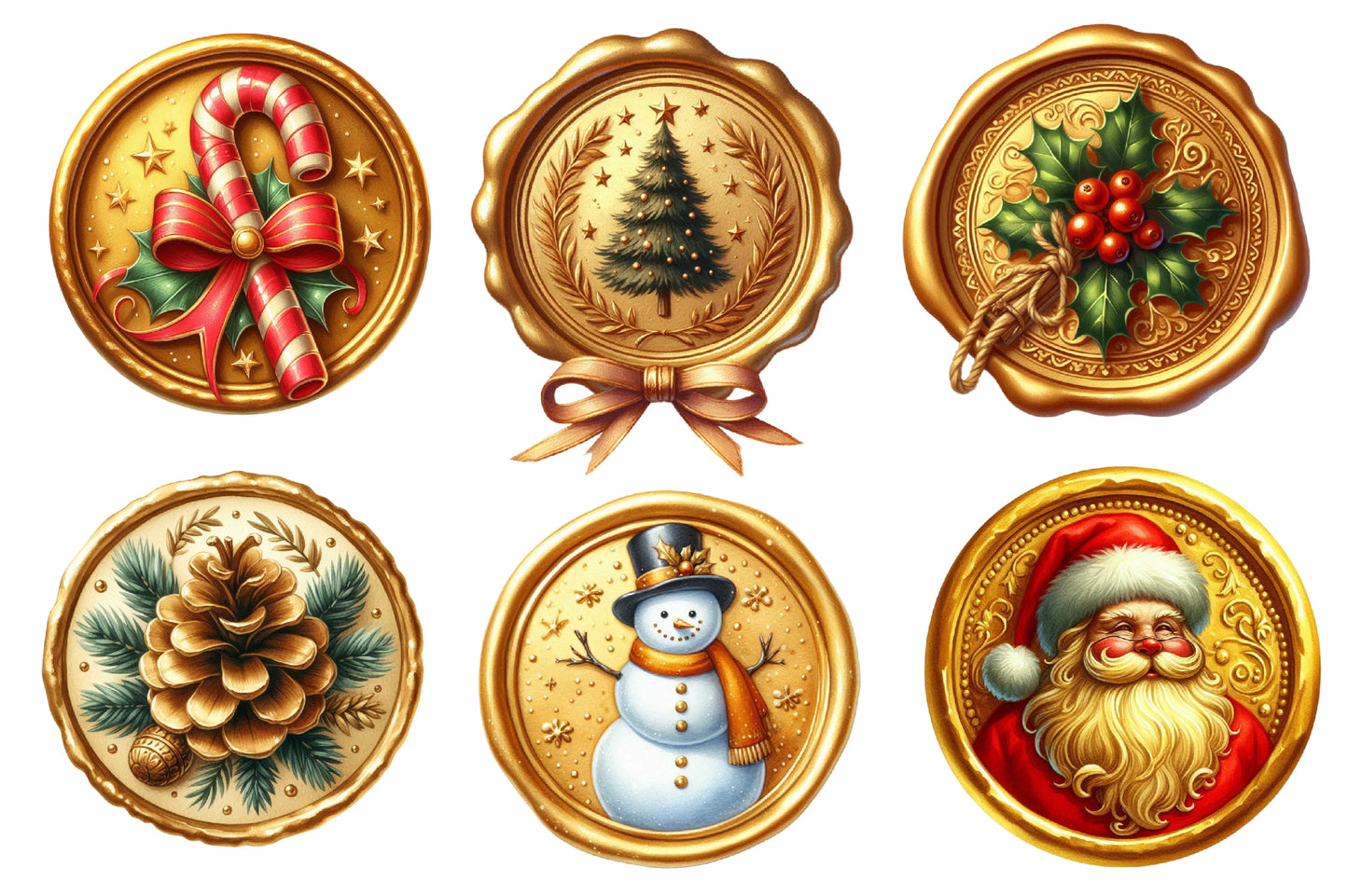 Christmas Golden Wax Seal Sublimation PNG Bundle | Watercolor Elegant Holiday Wax Seal Clipart | Festive Christmas PNG
