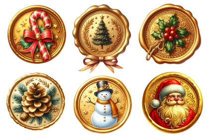 Christmas Golden Wax Seal Sublimation PNG Bundle | Watercolor Elegant Holiday Wax Seal Clipart | Festive Christmas PNG