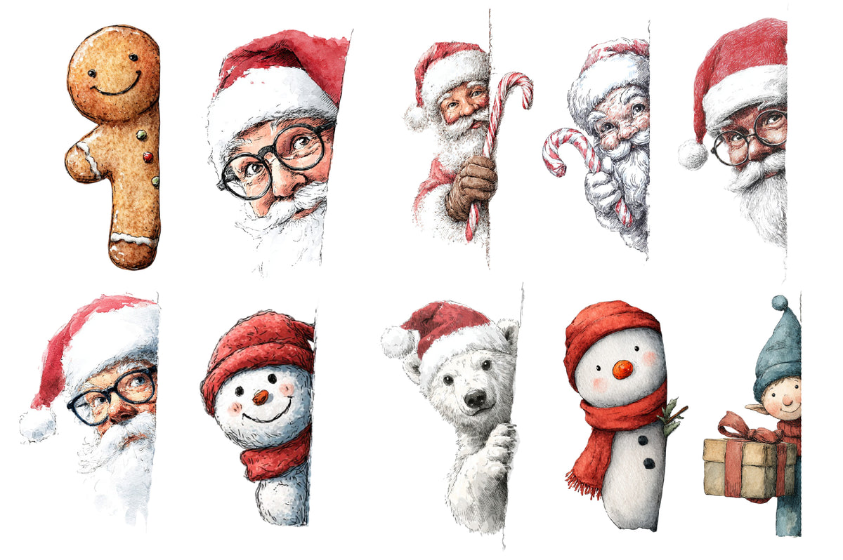 Christmas Peeking Clipart PNG Bundle | Watercolor Cute Peeking Christmas Characters | Holiday Sublimation PNG