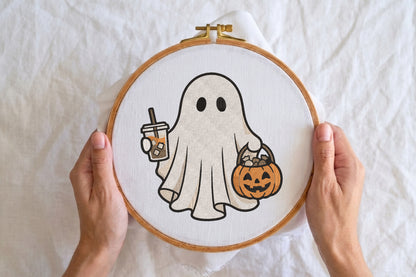 Ghost with Iced Coffee Embroidery Design – Cute Halloween Ghost Coffee Machine Embroidery Pattern, Spooky Autumn Drink Embroidery Design