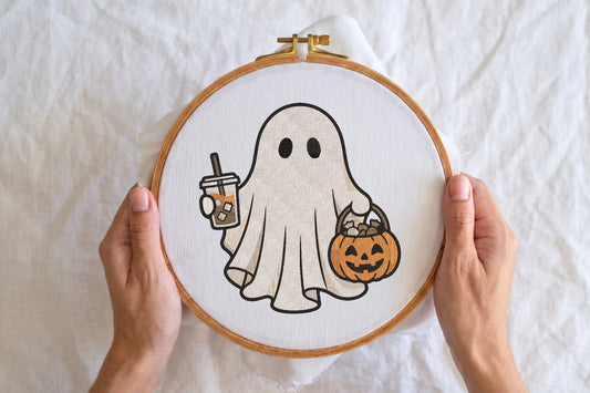 Ghost with Iced Coffee Embroidery Design – Cute Halloween Ghost Coffee Machine Embroidery Pattern, Spooky Autumn Drink Embroidery Design