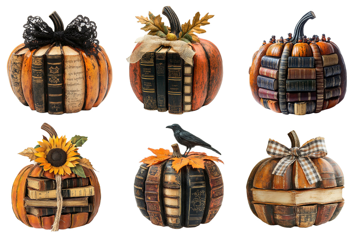 Fall Halloween Book Pumpkin PNG Bundle | Book Lover Pumpkin Clipart, Autumn Books PNG,