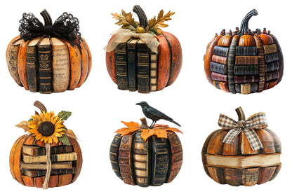 Fall Halloween Book Pumpkin PNG Bundle | Book Lover Pumpkin Clipart, Autumn Books PNG,