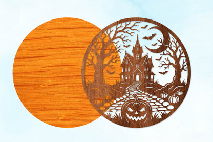 Halloween Haunted House Round Sign SVG