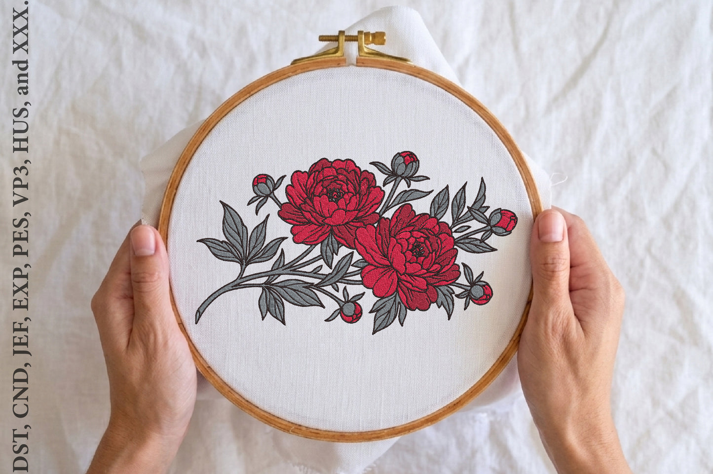 Peony Embroidery Design – Beautiful Peony Flower Machine Embroidery Pattern, Elegant Floral Botanical Embroidery Design