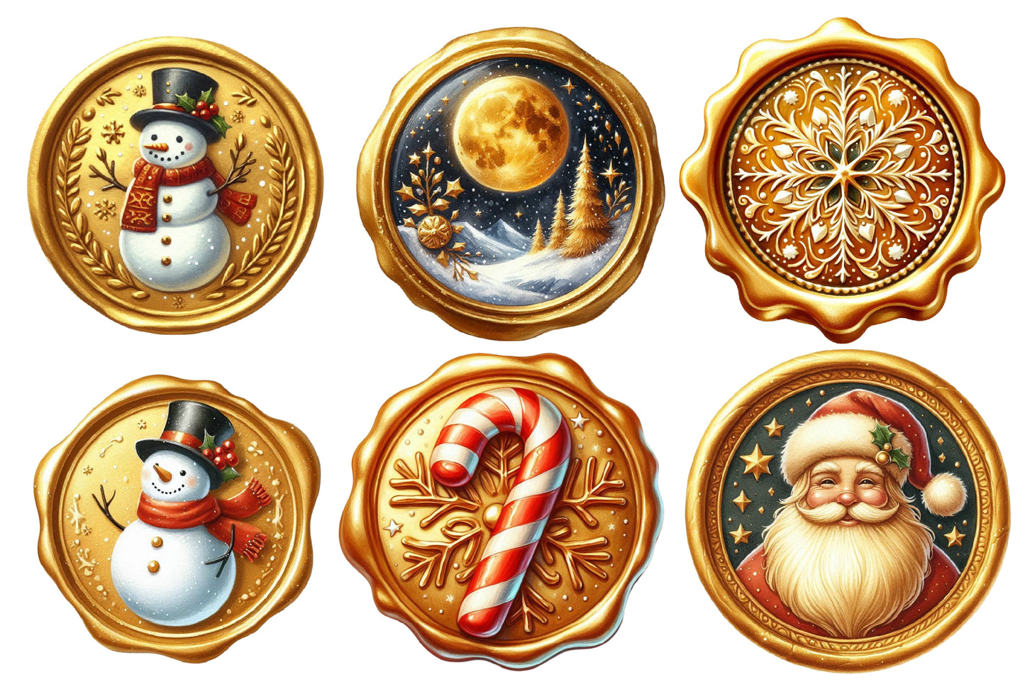 Christmas Golden Wax Seal Sublimation PNG Bundle | Watercolor Elegant Holiday Wax Seal Clipart | Festive Christmas PNG