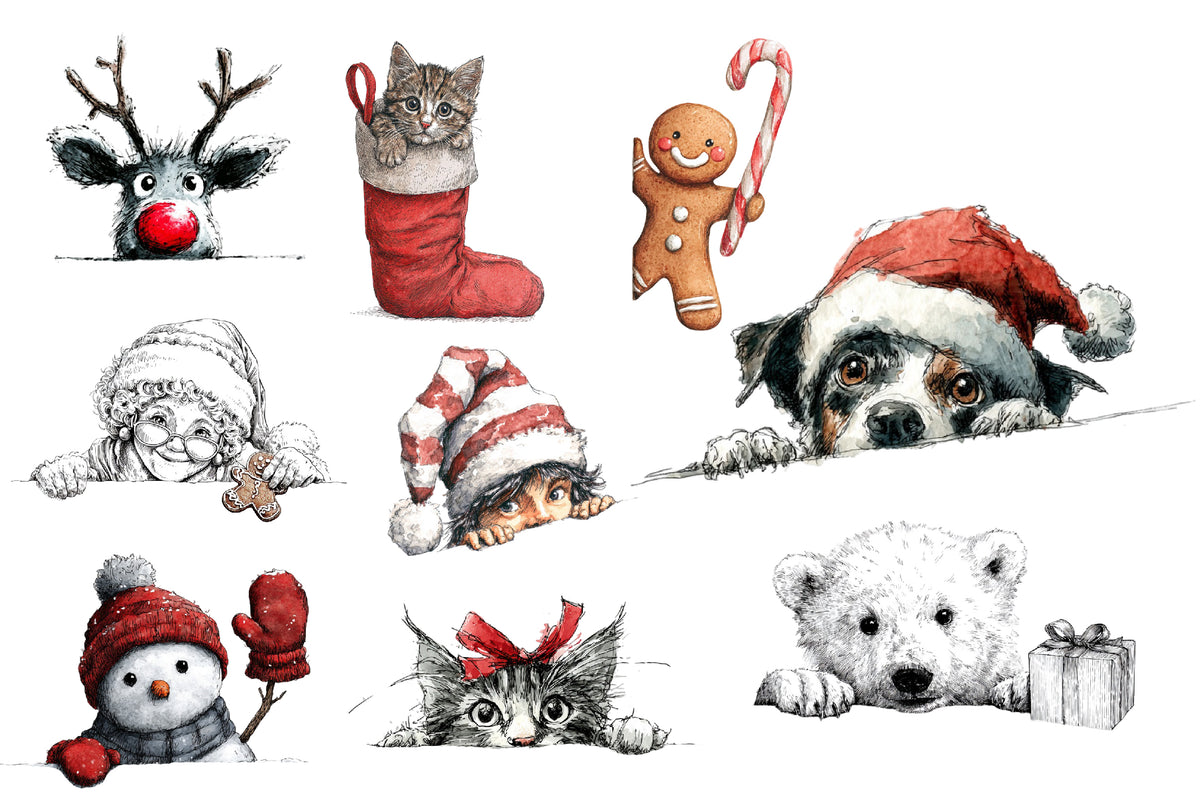 Christmas Peeking Clipart PNG Bundle | Watercolor Cute Peeking Christmas Characters | Holiday Sublimation PNG