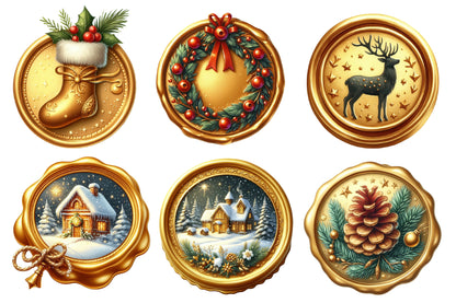 Christmas Golden Wax Seal Sublimation PNG Bundle | Watercolor Elegant Holiday Wax Seal Clipart | Festive Christmas PNG