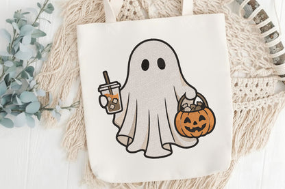 Ghost with Iced Coffee Embroidery Design – Cute Halloween Ghost Coffee Machine Embroidery Pattern, Spooky Autumn Drink Embroidery Design