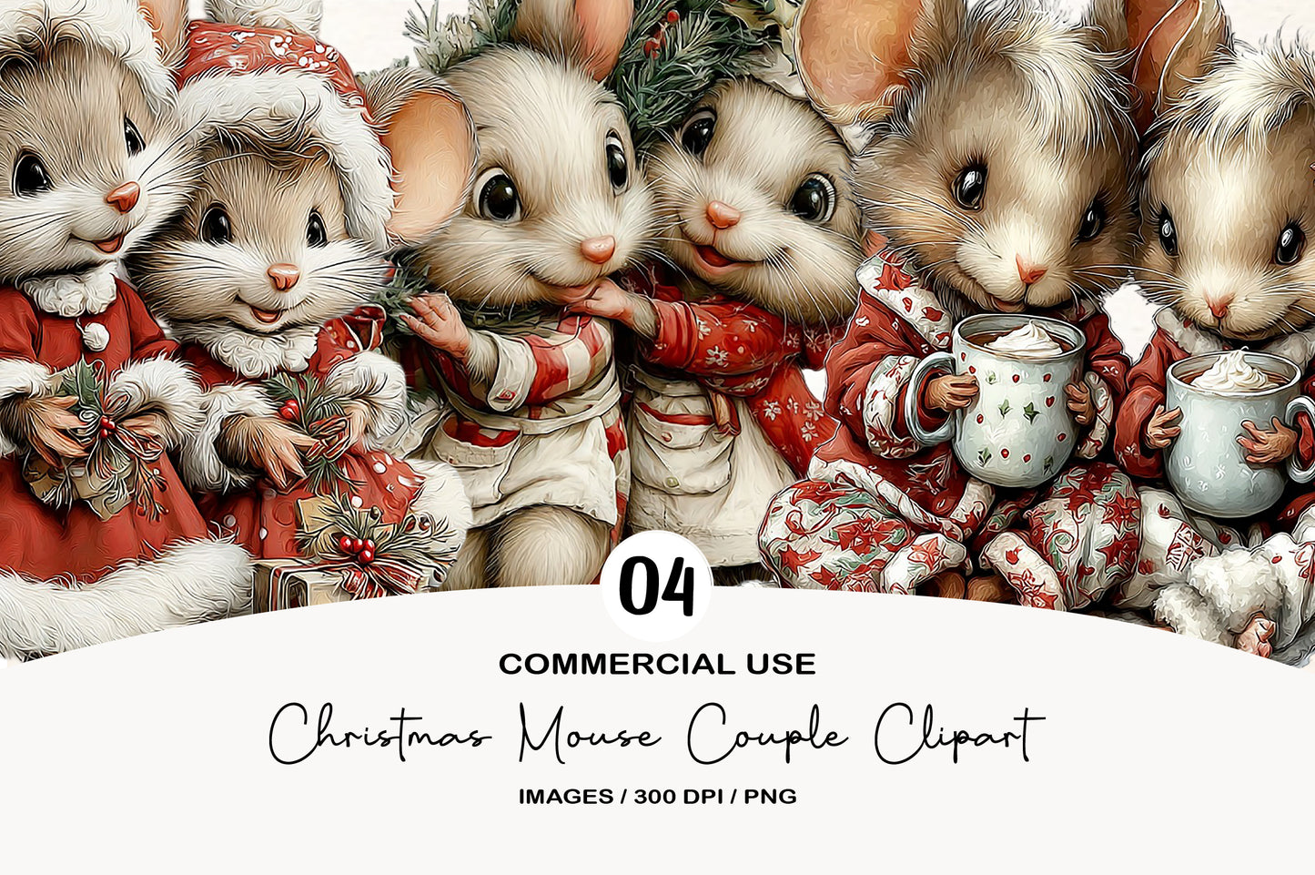 Christmas Mouse Couple Clipart PNG Bundle | Cute Watercolor Holiday Mouse Couple Clipart