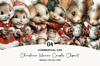 Christmas Mouse Couple Clipart PNG Bundle | Cute Watercolor Holiday Mouse Couple Clipart