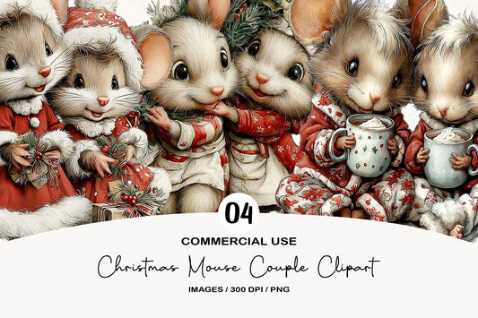 Christmas Mouse Couple Clipart PNG Bundle | Cute Watercolor Holiday Mouse Couple Clipart