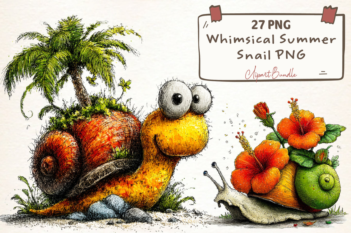 Whimsical Summer Snail PNG Bundle | Cute Snail Clipart, Tropical Flowers, Palm Trees & Summer Garden Graphics