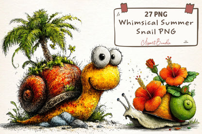 Whimsical Summer Snail PNG Bundle | Cute Snail Clipart, Tropical Flowers, Palm Trees & Summer Garden Graphics