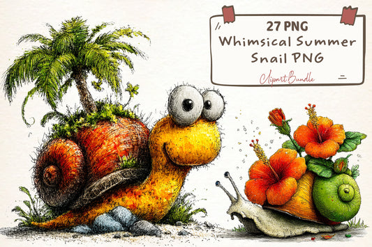 Whimsical Summer Snail PNG Bundle | Cute Snail Clipart, Tropical Flowers, Palm Trees & Summer Garden Graphics