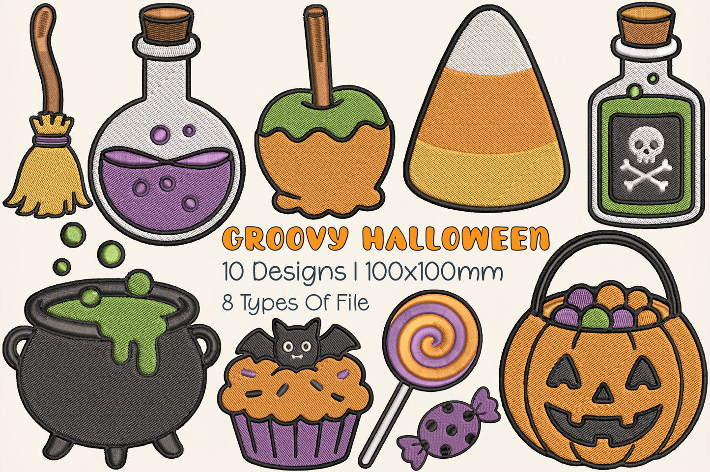 Groovy Halloween Embroidery Bundle – Retro 70s Halloween Machine Embroidery Designs,