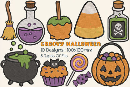 Groovy Halloween Embroidery Bundle – Retro 70s Halloween Machine Embroidery Designs,