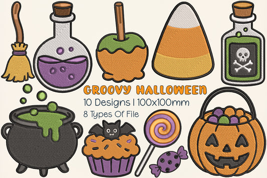 Groovy Halloween Embroidery Bundle – Retro 70s Halloween Machine Embroidery Designs,