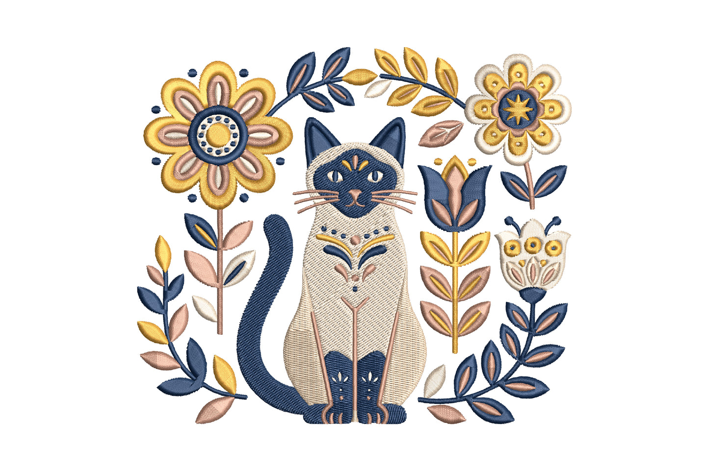 Boho Cat Floral Embroidery Design – Cute Bohemian Cat & Flower Machine Embroidery Pattern, Botanical Kitty Embroidery Design