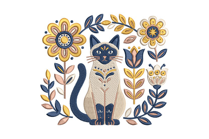 Boho Cat Floral Embroidery Design – Cute Bohemian Cat & Flower Machine Embroidery Pattern, Botanical Kitty Embroidery Design