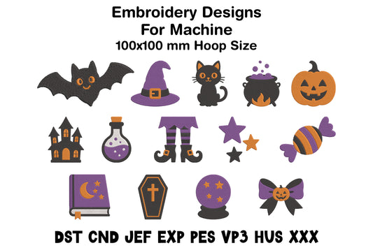 Mini Halloween Machine Embroidery Set – Cute Spooky Halloween Embroidery Designs, Small Ghost, Pumpkin, Bat & Witch Machine Embroidery