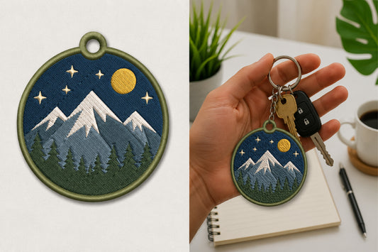 Mountain Keychain Embroidery Design – Scenic Mountain Machine Embroidery Pattern, Outdoor Adventure Key Fob & Bag Charm Embroidery Design