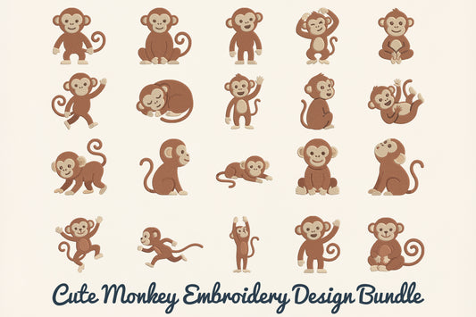 Cute Monkey Embroidery Design Bundle – Adorable Monkey Machine Embroidery Patterns, Playful Jungle Animal Embroidery