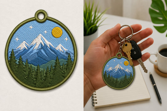 Mountain Keychain Embroidery Design – Scenic Mountain Landscape Machine Embroidery Pattern, Outdoor Adventure Key Fob & Bag Charm Embroidery Design