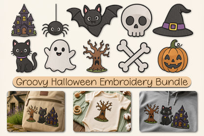 Groovy Halloween Embroidery Bundle – Retro 70s Halloween Machine Embroidery Designs