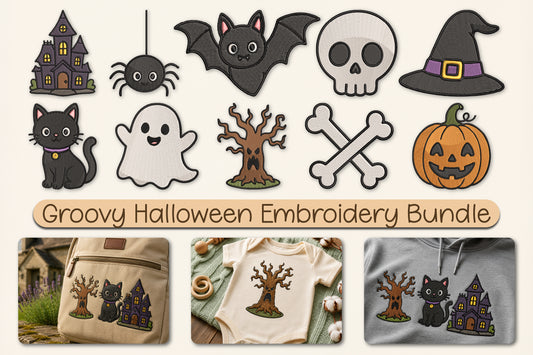 Groovy Halloween Embroidery Bundle – Retro 70s Halloween Machine Embroidery Designs