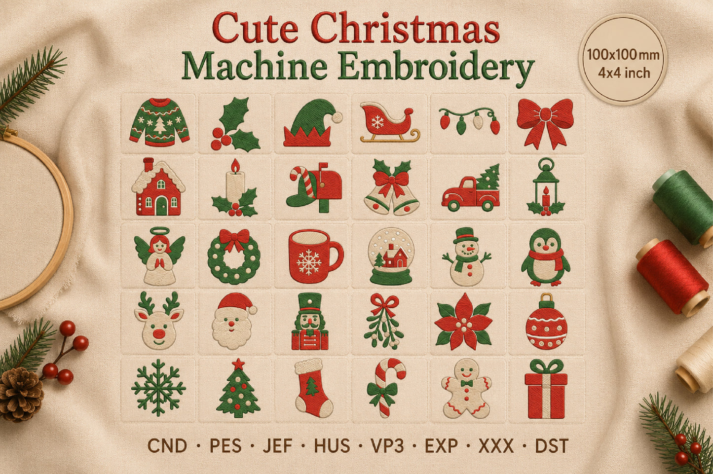 Cute Christmas Machine Embroidery Design – Adorable Holiday Machine Embroidery Pattern, Festive Christmas Embroidery Design