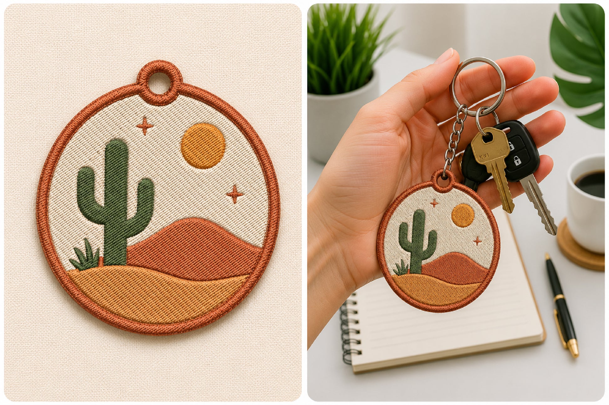 Cactus Embroidery Keychain Design – Cute Cactus Machine Embroidery Pattern, Cactus Key Fob & Bag Charm Embroidery Design