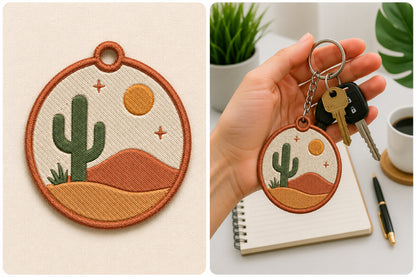 Cactus Embroidery Keychain Design – Cute Cactus Machine Embroidery Pattern, Cactus Key Fob & Bag Charm Embroidery Design
