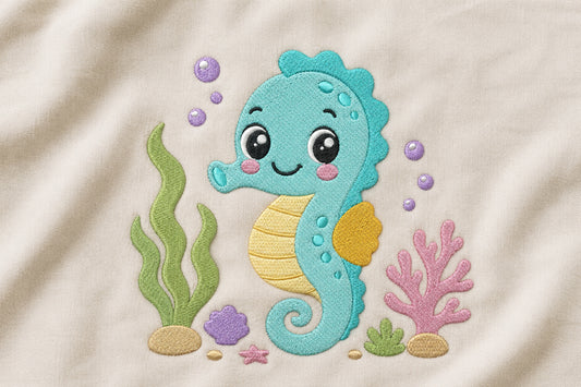 Cute Seahorse Embroidery Design – Adorable Ocean Seahorse Machine Embroidery Pattern, Sea Life Embroidery Design