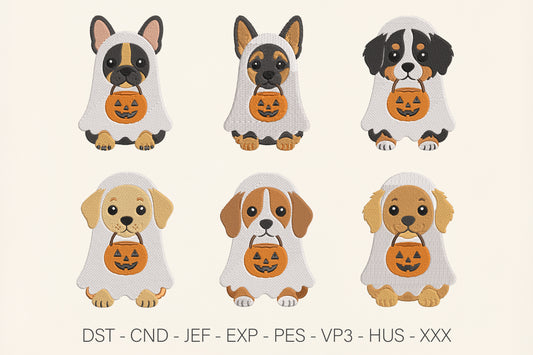 Ghost Dog Breed Embroidery Bundle – Spooky Cute Dog Machine Embroidery Designs, Halloween Ghost Dog Embroidery