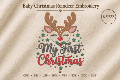 Baby Christmas Reindeer Embroidery Design – Cute Reindeer Machine Embroidery Pattern, Adorable Christmas Baby Embroidery Design
