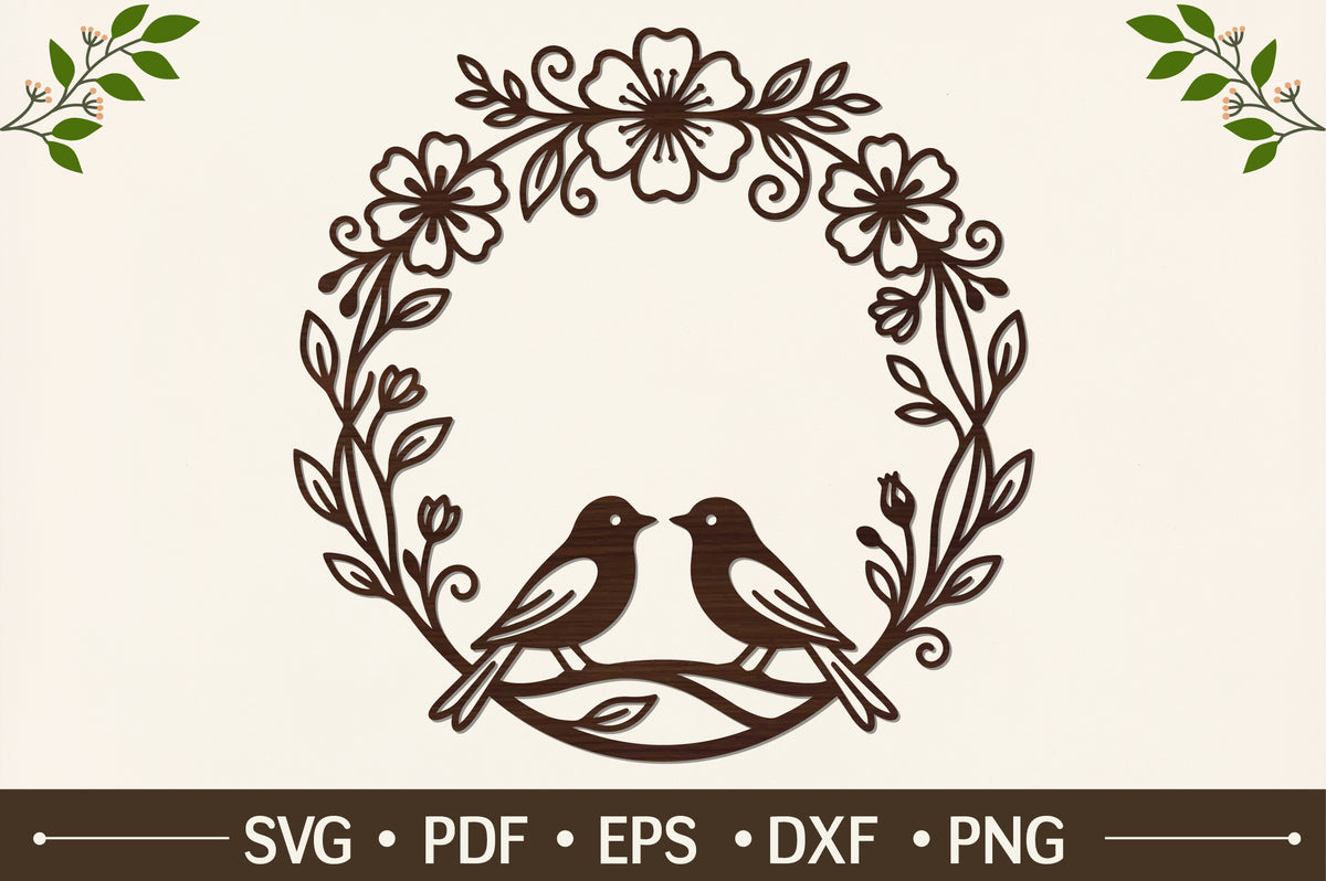 Birds and Floral Wreath Laser Cut SVG