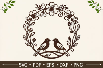 Birds and Floral Wreath Laser Cut SVG