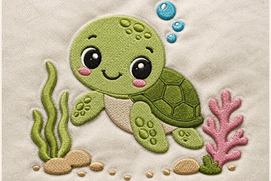 Cute Turtle Embroidery Design – Adorable Turtle Machine Embroidery Pattern, Sweet Sea Turtle & Ocean Animal Embroidery Design