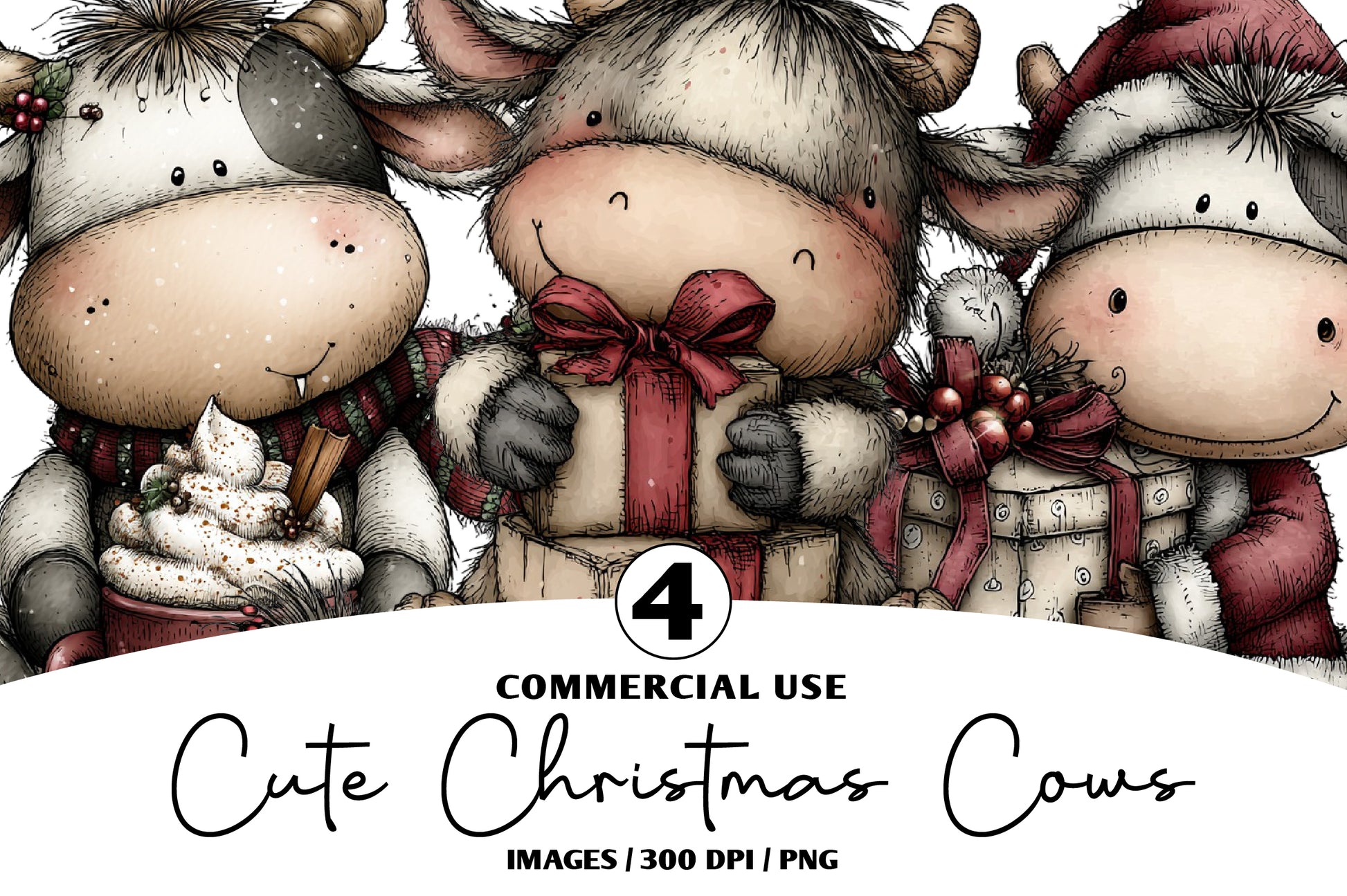 Cute Christmas Cows Clipart PNG