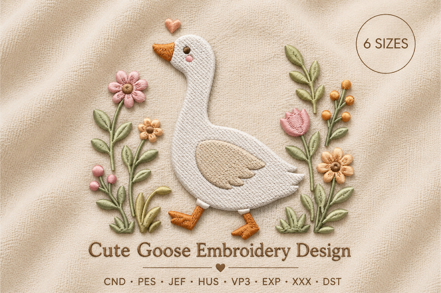 Cute Goose Embroidery Design – Adorable Goose Machine Embroidery Pattern, Sweet Farm Bird Embroidery Design