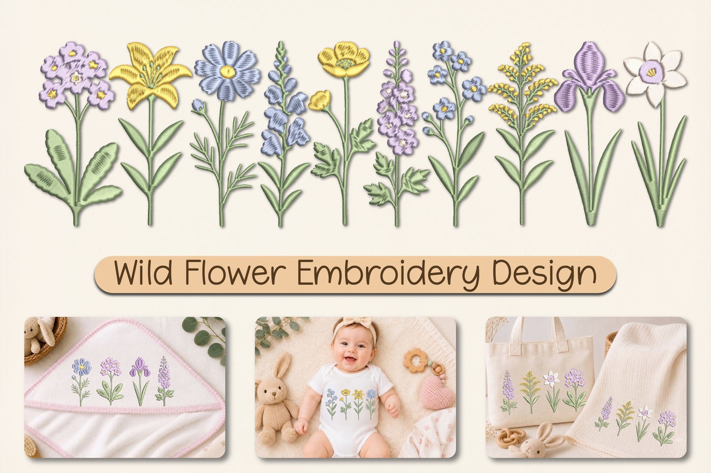 Wild Flower Machine Embroidery Design – Beautiful Botanical Floral Embroidery Pattern, Nature-Inspired Wildflower Machine Embroidery Design
