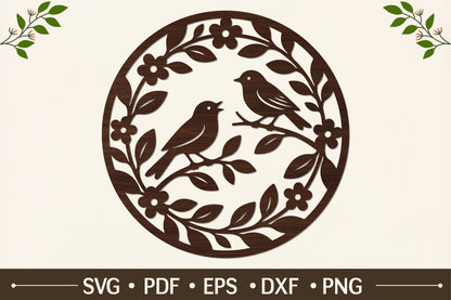 Birds in Floral Circle Laser Cut SVG