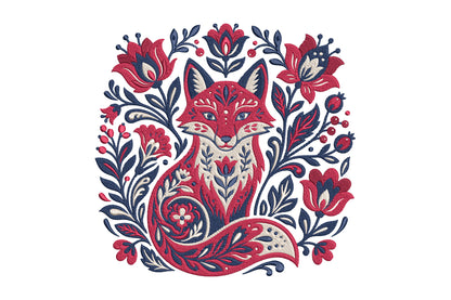 Floral Fox Embroidery Design – Cute Fox & Botanical Flower Machine Embroidery Pattern, Woodland Animal Embroidery Design
